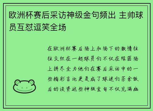 欧洲杯赛后采访神级金句频出 主帅球员互怼逗笑全场