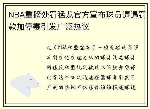 NBA重磅处罚猛龙官方宣布球员遭遇罚款加停赛引发广泛热议