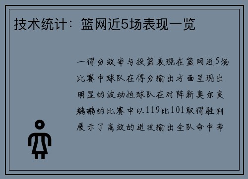 技术统计：篮网近5场表现一览