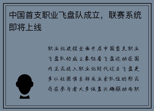 中国首支职业飞盘队成立，联赛系统即将上线
